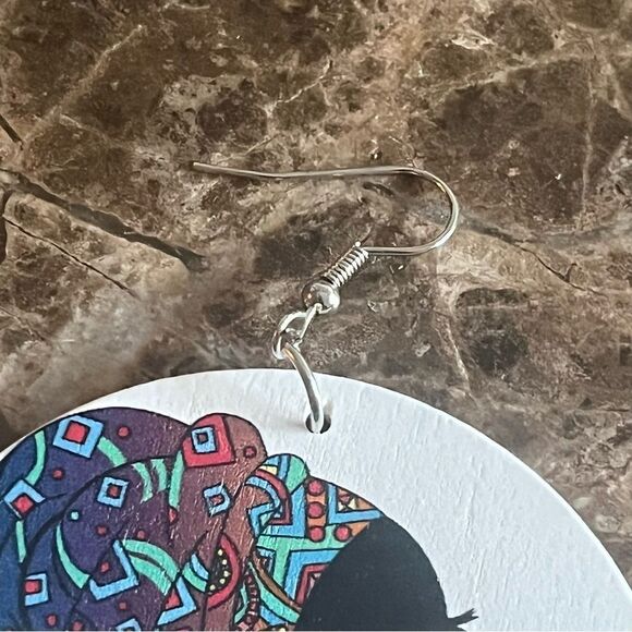 African Round Wooden Head Wrap Dangle Earrings - Picture 6 of 8